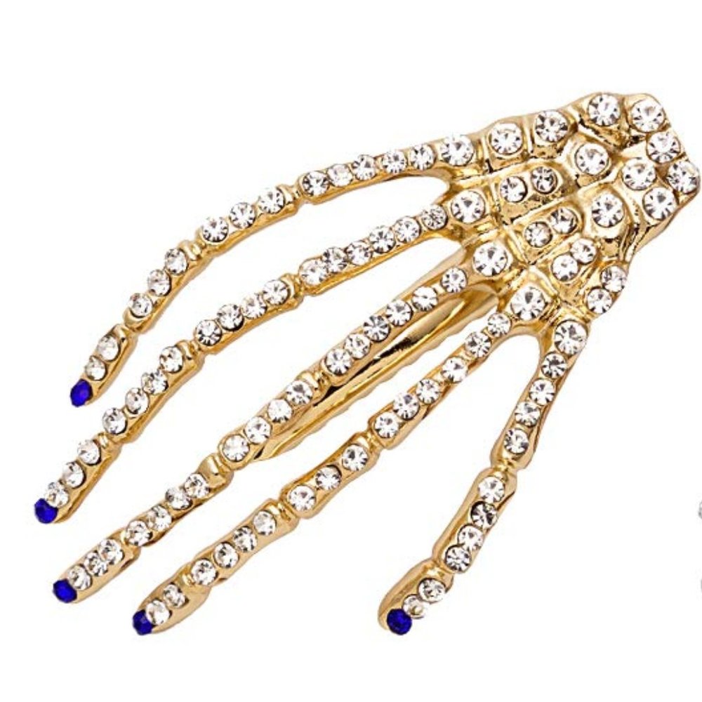 🪷SALE Gold Pave Rhinestone Blue Nails Skeleton Hand Hair Clip Hairpin New